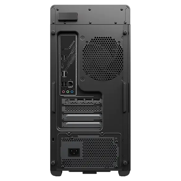 Head-on view of the rear of the Legion Tower 5i Gen 8 (Intel) gaming PC, revealing the many ports and slots including multiple USBs, HDMI, DisplayPort™, and more.