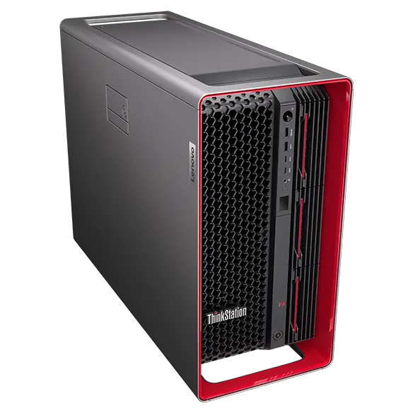 Aerial view of side-facing Lenovo ThinkStation PX workstation, showing iconic ThinkPad red components, front ports, & top & left-side panels