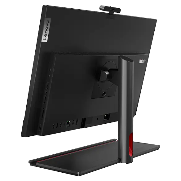 Side view of rear-facing Lenovo ThinkCentre M90a Gen 5 (24″ Intel) all-in-one PC, showing rear cover & ports, & back of tilt-only stand