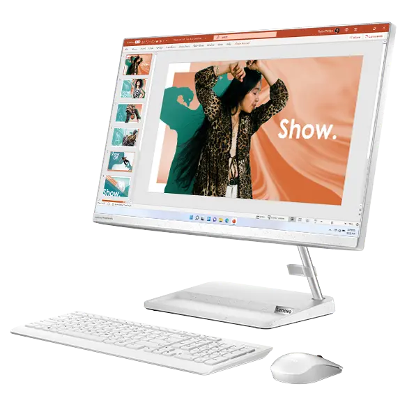 Three-quarter facing white Lenovo IdeaCentre AIO 3i Gen 7 All-in-one PC.