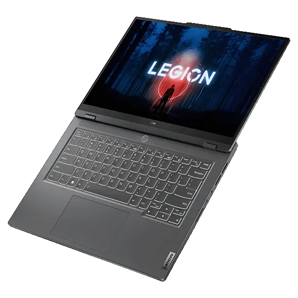 Top-right angle view of the Lenovo Legion Slim 5 Gen 8 (14” AMD) opened 180 degrees