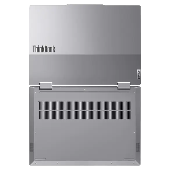 Rear view of Lenovo ThinkBook 14 2-in-1 Gen 4 (14” Intel) laptop opened at 180 degrees with a focus on its top & bottom covers, highlighting the ThinkBook logo on top cover.