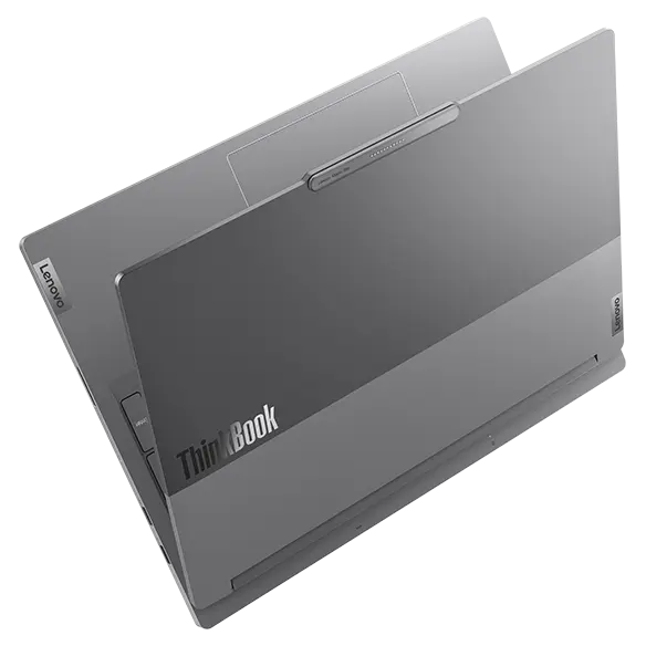 Rear, right side, slant view of the Lenovo ThinkBook 16p Gen 5 (16” Intel) laptop with lid open at an acute angle & ThinkBook logo displayed on lid top.