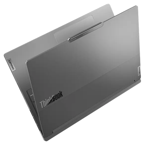 Floating Lenovo ThinkBook 16p Gen 4 laptop on its spine like a book, open about 10 degrees.