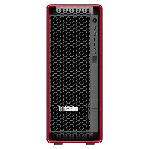 Forward-facing Lenovo ThinkStation P7 workstation, showing iconic ThinkPad red casing & front ports