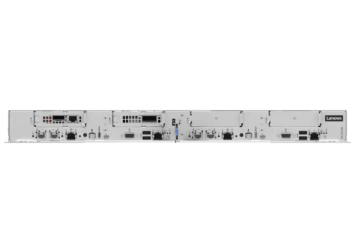 Rear view of the Lenovo ThinkSystem SC750 V4 Neptune server displaying the I/O ports, power supplies, and input slots.