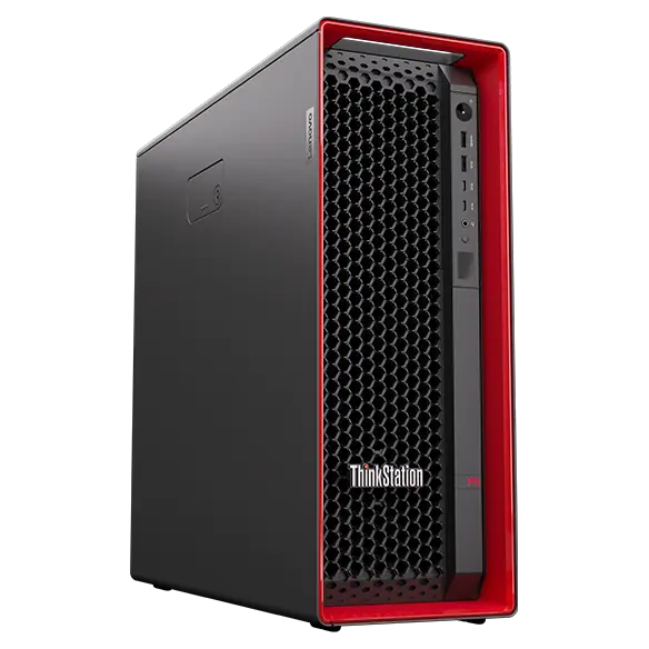 Left-side facing Lenovo ThinkStation P5 workstation, showing iconic red casing & front ports