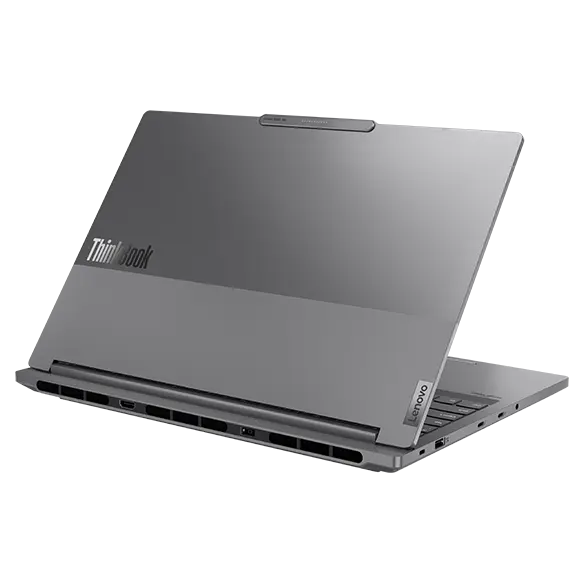 Rear, left side view of the Lenovo ThinkBook 16p Gen 5 (16” Intel) laptop with lid opened at an acute angle, focusing air vents and its two rear ports.