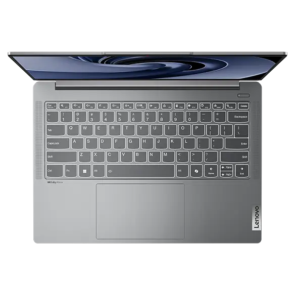 Overhead shot of Lenovo IdeaPad Pro Gen 9 14 inch laptop with open lid, focusing on speaker and keyboard.