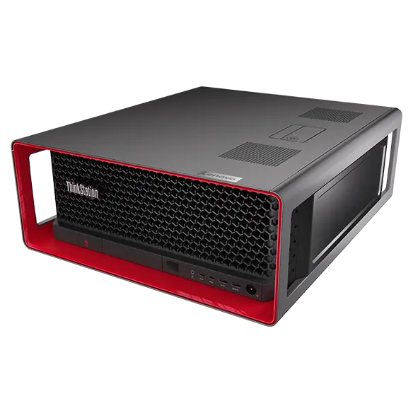 Rack-optimized Lenovo ThinkStation P57 workstation, laid horizontally , at an angle, showing front panel & ports, plus top & right-side panel