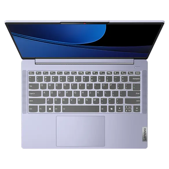 Lenovo IdeaPad Slim 5i Gen 9 (14&quot; Intel) laptop -- Violet – top view, lid open, wavy blue lines on the display