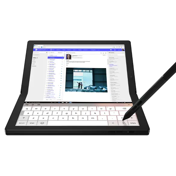 Lenovo ThinkPad X1 Fold foldable PC in laptop mode (without the keyboard).