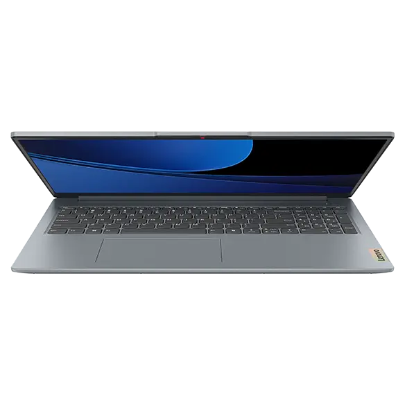 Close up, front view of the Lenovo IdeaPad Slim 3i Gen 9 16 inch laptop in Artic Grey with lid opened at an acute angle & display in standby mode, majorly focusing its keyboard.