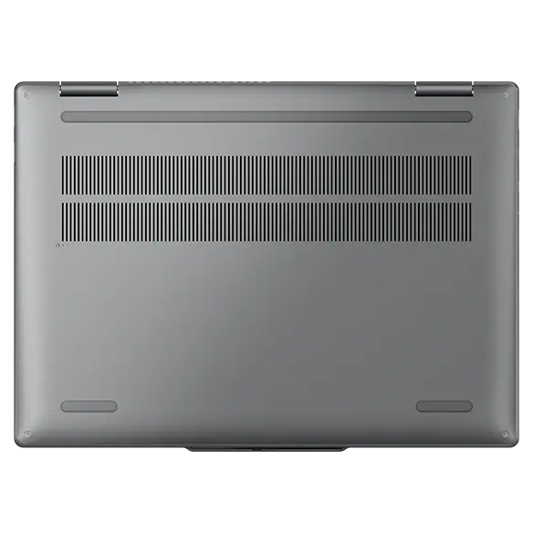 Overhead shot of the Lenovo IdeaPad 5 2-in-1 Gen 9 (14'' AMD) laptop’s bottom cover in Luna Grey, focusing its air vents.