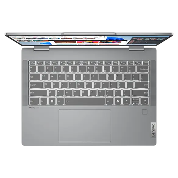 Overhead shot of the Lenovo IdeaPad 5 2-in-1 Gen 9 (14 inch AMD) laptop in Cosmic Blue opened at 90 degrees, focusing its keyboard and touchpad.