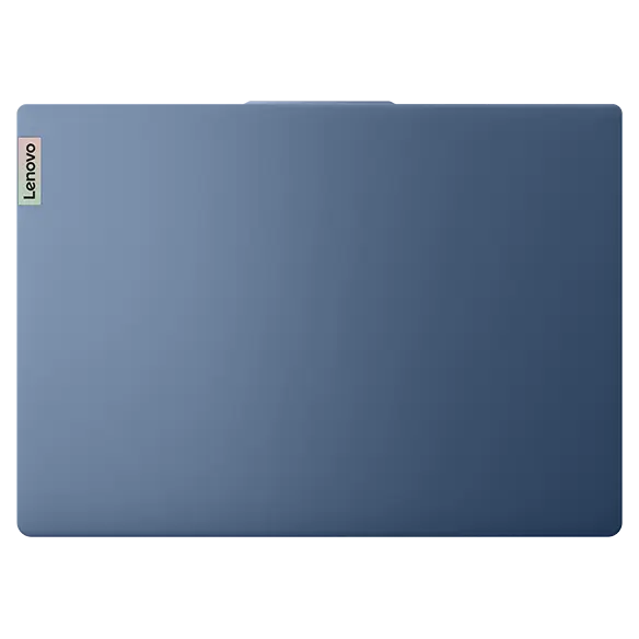 Top view of the top cover of Lenovo IdeaPad Slim 3i Gen 9 16 inch laptop in Abyss Blue with visible Lenovo logo on top left.