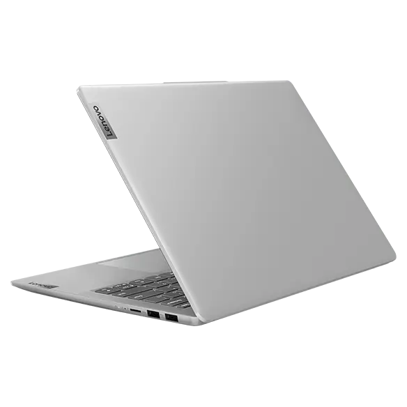 Left-rear-facing IdeaPad Slim 5 Gen 8 laptop in Cloud Grey Metal showing lid at 50% open