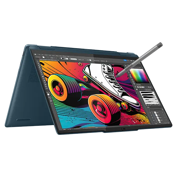 The Yoga 7 2-in-1 Gen 9 (14 Intel) laptop in tent mode, with digital pen