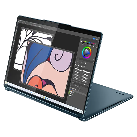 Front right angle view of the Lenovo Yoga Book 9i Gen 9 (13 Intel) in display mode