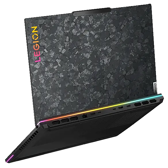 Legion 9i Gen 8 (16″ Intel) rear facing right with RGB lighting on and view of Forged Carbon top cover