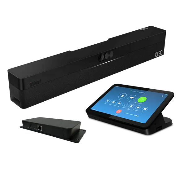 ThinkSmart One for Zoom Rooms, Windows-based conference room bar, next to Lenovo IP Controller, a 10-point multitouch HD display, & Lenovo Link Box