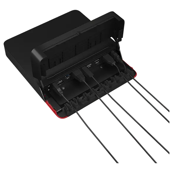 Overhead shot of Lenovo ThinkSmart Core computing device showing cables attached to some ports.