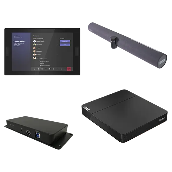 Lenovo ThinkSmart Core 180 IP Full Room Kit for Teams comprising of Thinksmart Core, Lenovo IP Controller, Thinksmart Bar 180, and Thinksmart Link Box