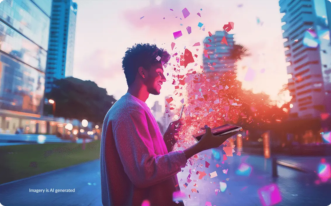 Young man in an urban setting holding a Lenovo tablet with colorful graphics exploding from it.