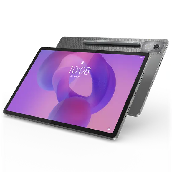 Two Lenovo Idea Tab Pro tablets in Luna Grey, overlapping back-to-back, view from front right, horizontal, with Android lock screen on the display of the top tablet and a Lenovo Tab Pen Plus on the back of the bottom tablet