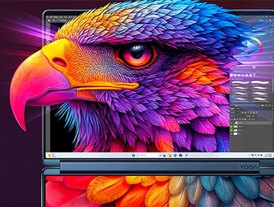Yoga Book 9i Gen 10의 디스플레이에 표시되는 다채로운 독수리 머리의 선명한 이미지.