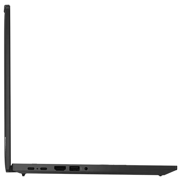 Left side view of Lenovo ThinkPad T14 Gen 5 (14” AMD) Eclipse Black laptop with lid opened at 90 degrees, focusing its slim profile & left side ports.