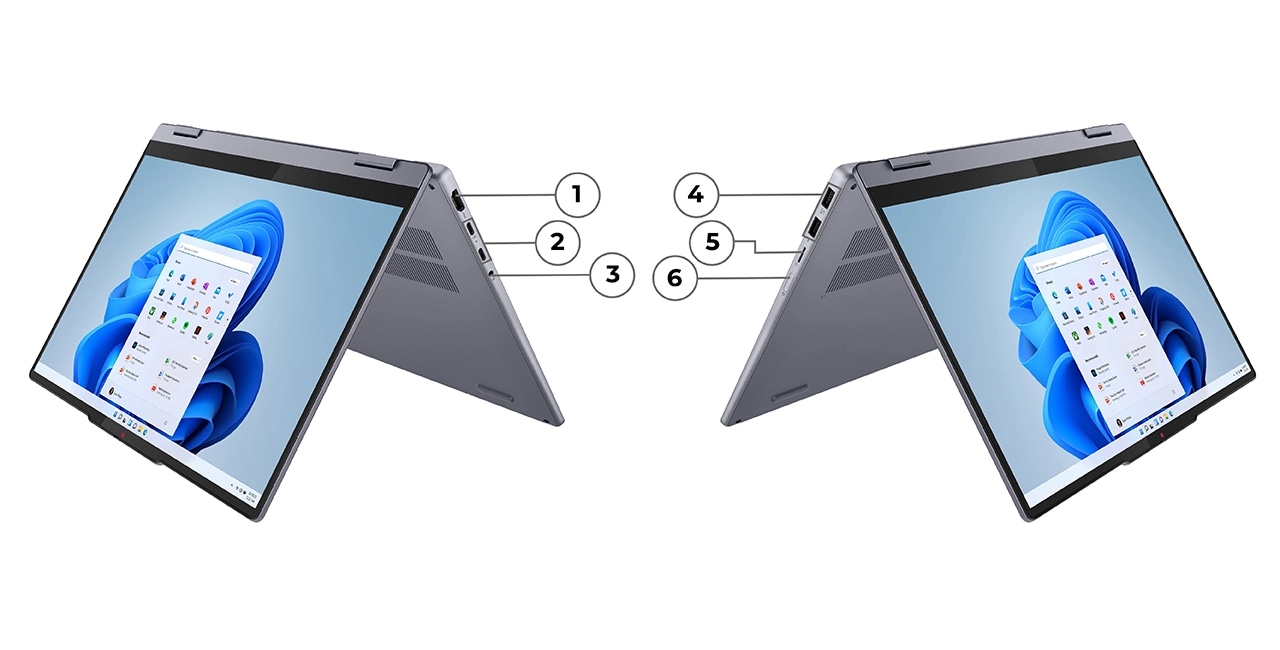 Порты и разъемы ноутбука Lenovo IdeaPad 5 2-в-1 10-го поколения позволяют подключать периферийные устройства, передавать данные или заряжать устройство.