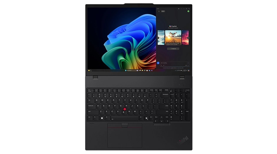 Lenovo ThinkPad T16 Gen 4 (16" Intel) laptop – front view from above, lid open flat with Copilot menu against multicolored Windows Bloom background on the display 