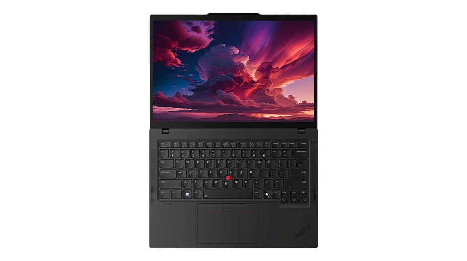 Overhead shot of Lenovo ThinkPad P14s Gen 6 (14” AMD) laptop opened 180 degrees, boasting its capabilities to tackle AI-intensive, complex tasks.