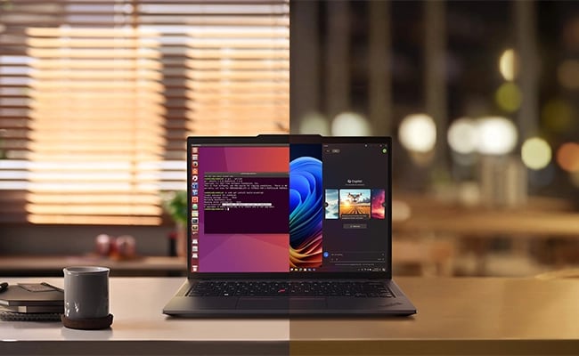 Lenovo ThinkPad P14s Gen 6 (14” AMD) laptop, boasting its AI efficiency for multitasking, automating tasks, optimizing workflows while working from anywhere, anytime.