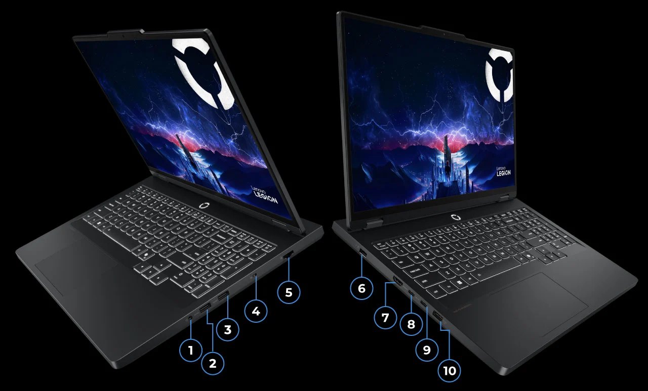 Illustrates Legion Pro 5i Gen 10’s full suite of side ports for high-speed connectivity and expansion.