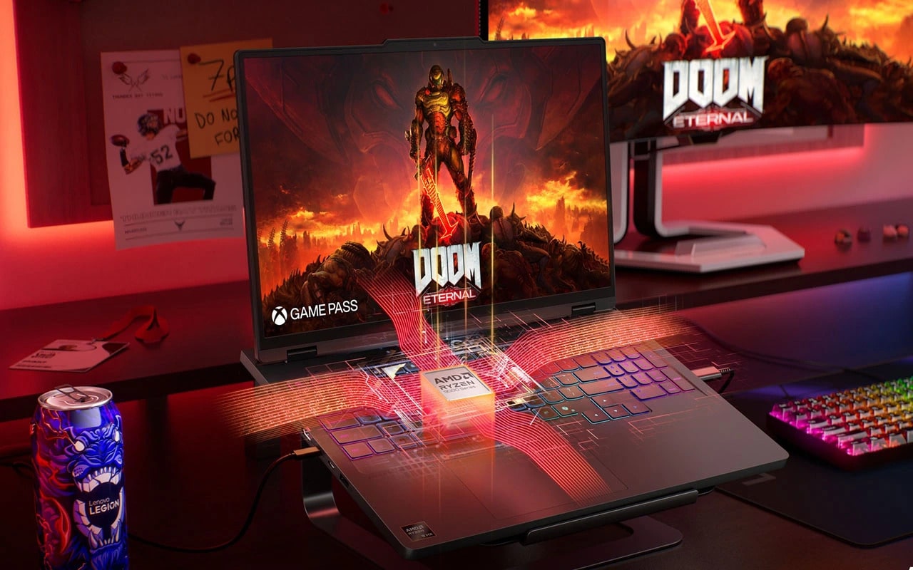 Muestra la sinergia ajustada por IA del Legion Pro 5 10ª generación entre AMD Ryzen y NVIDIA RTX para un rendimiento máximo.