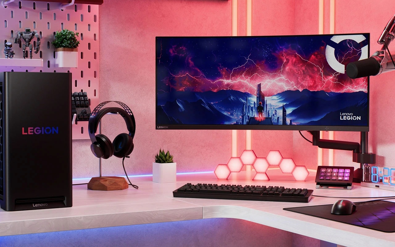 Lenovo Legion Tower 5 Gen 10 (30L AMD) tower in a setup boasting Lenovo gaming devices to elevate your gameplay & the entire environment. מחשב נייח Legion T5&nbsp;30AGB10 90YJ0047YS&nbsp;מבית Lenovo