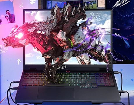 מחשב נייד Legion 5 15IAX10 83F0004WIV מבית Lenovo Lenovo Legion Lenovo Legion 5i Gen 10 (15" Intel) gaming laptop on a desk – front view, lid open, with a techno-animal appearing to burst out of the display