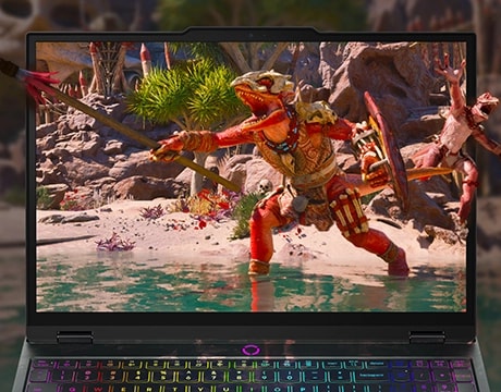 מחשב נייד Legion 5 15IAX10 83F0004WIV מבית Lenovo Close-up of the display of a Lenovo Legion Lenovo Legion 5i Gen 10 (15" Intel) gaming laptop, depicting lizard people in a battle as one appears to be emerging from the screen