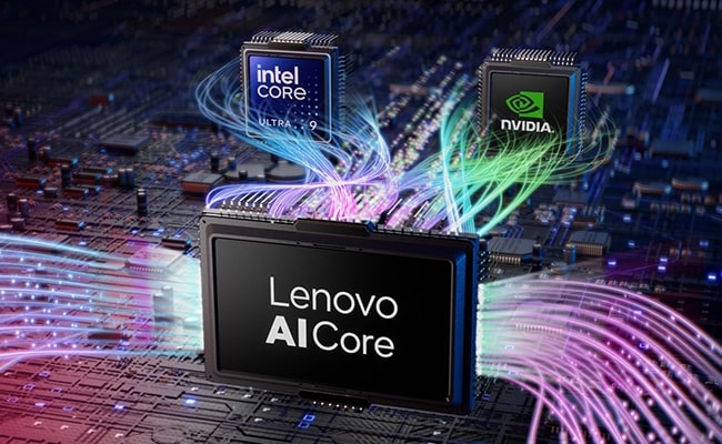 Tres chips ampliados (Lenovo AI Core, Intel® Core Ultra 9 y NVIDIA®) con líneas gráficas que interactúan entre ellos y colocadas verticalmente en un tablero de circuitos 