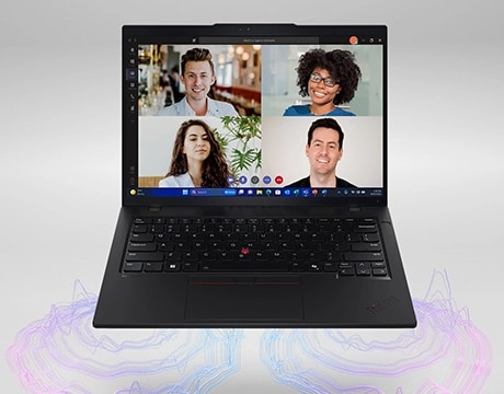 Lenovo ThinkPad L14 Gen 6 (14" AMD) laptop – front view, lid open, with a four-person videoconference on the display and two sets of circular graphics representing audio emanating from the front corners