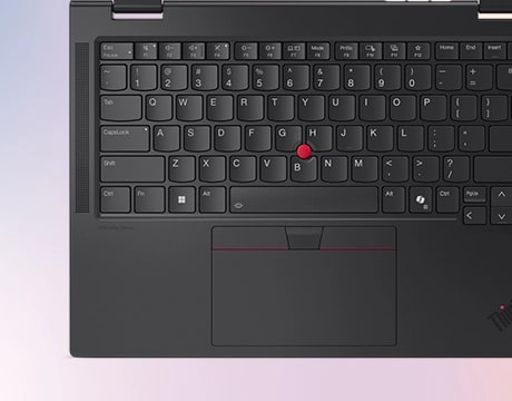 The revamped keyboard on the Lenovo ThinkPad T14s 2-in-1 laptop includes tactile markings for accessibility, our iconic TrackPoint & a 3-button TrackPad for navigation.