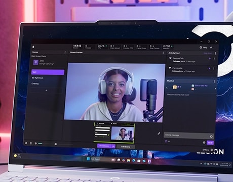 Legion 7i Gen 10 screen showing a woman streaming with a headset and microphone.