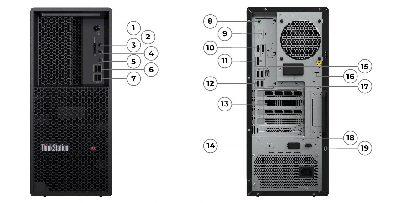 Vederi din față și din spate ale stației de lucru Lenovo ThinkStation P3 Tower Gen 2 (Intel), etichetate de la 1 la 7 și respectiv de la 8 la 19.