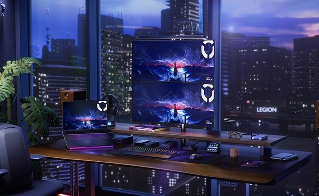 Legion 9i powering dual-display setup, showcasing productivity and multitasking performance.