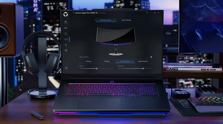 Lighting control panel on Legion 9i, syncing RGB effects with external Lenovo Legion peripherals.