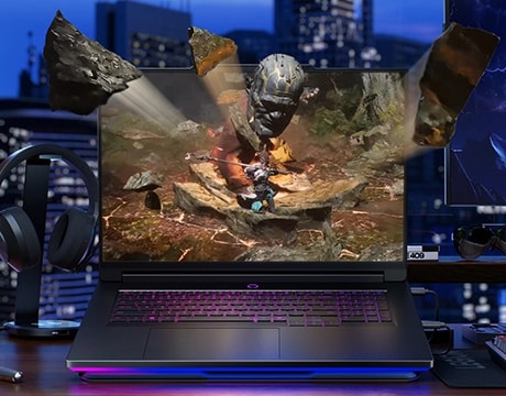 Legion 9i shown in a creator workspace, emphasizing its versatility for gaming and content creation.