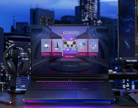 Legion 9i Gen 10 set up on a desk with a cityscape in the background and people doing a video call on screen.