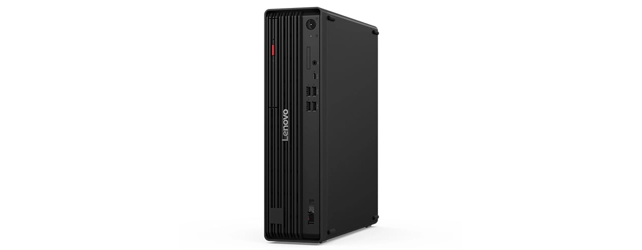 Das elegante Design der Vorderseite mit leicht zugänglichen Anschlüssen sorgt für eine schnelle Einrichtung und Effizienz auf dem Lenovo ThinkCentre M90s Gen 6 SFF Desktop-PC.
